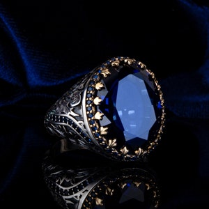 Men's Ring Sterling Silver Turkish  Handmade Jewelry Blue Sapphire All Size