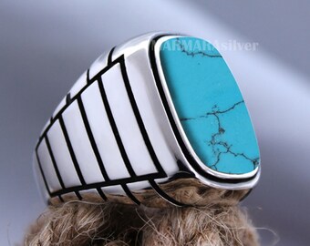 Solid Turquoise Stone Turkish Jewelry 925 Sterling Silver Mens Ring ALL SİZE 075 