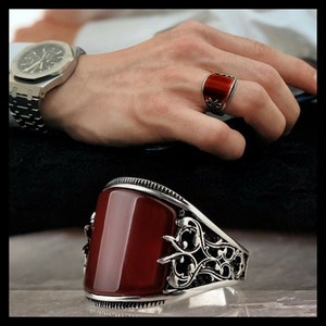 Men's Ring Turkish 925 Sterling Silver Handmade Jewelry Agate Aqeeq Stone All Size