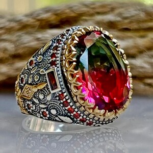 Men's Ring 925 Sterling Silver Turkish Handmade Jewelry Watermelon Tourmaline Stone All Size, Gift for men