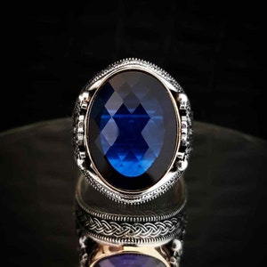 Men's Ring Turkish 925 Sterling Silver Handmade Jewelry Blue Sapphire ...