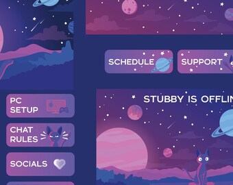 Space kitty Stream Pack for Twitch, Kick, Youtube/ Theme/Overlay Cute Aesthetic, Cozy Cosmic, Celestial Sky, Kawaii