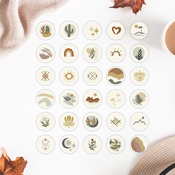 30 Instagram Highlights / App Icons, Boho Abstract, Covers, Earthy Neutral,Rainbow, bohemian, Hand drawn Icons Bundle