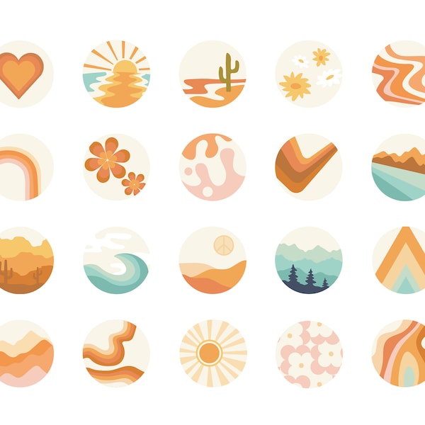 20 Instagram Hoogtepunten / IOS App Icons Covers, Groovy 70's Style Abstract Retro Rainbow, Handgetekende iconenbundel