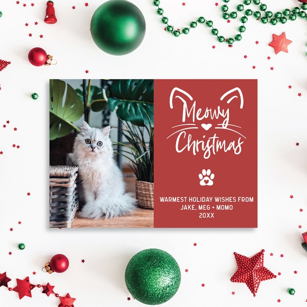 Meowy Christmas Cat Card, DIY Printable Template, Family Holiday Card, Digital Download, Personalized with a photo, Pet lovers