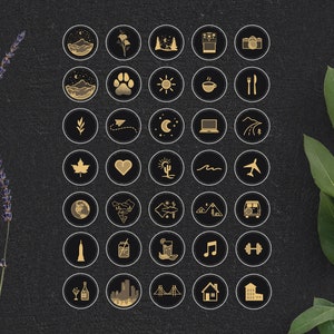May include: A set of 36 gold and black Instagram highlight icons featuring various designs, including mountains, a paw print, a plane, a cactus, a coffee cup, a camera, a music note, a heart, a house, and a glass of wine.