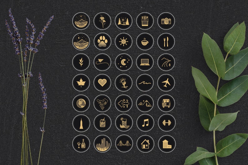 May include: A set of 36 gold and black Instagram highlight icons featuring various designs, including mountains, a paw print, a plane, a cactus, a coffee cup, a camera, a music note, a heart, a house, and a glass of wine.