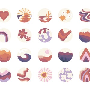 20 Instagram Highlights Cool tones Purple / IOS App Icons Covers, Groovy 70's Style Abstract Retro Rainbow, Hand drawn Icons Bundle
