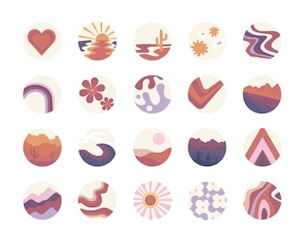 20 Instagram Highlights Cool tones Purple / IOS App Icons Covers, Groovy 70's Style Abstract Retro Rainbow, Hand drawn Icons Bundle