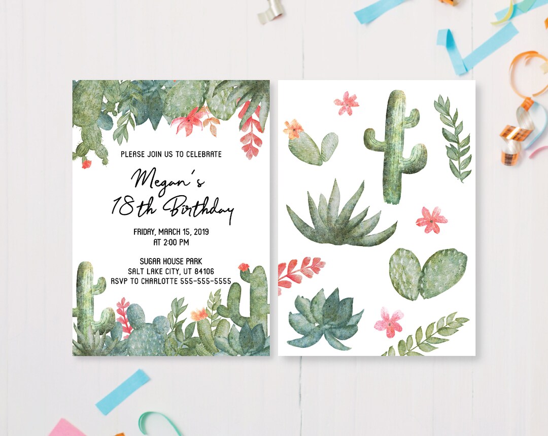 Cactus Birthday Party, Printable Template, Fiesta Invite, Watercolor ...