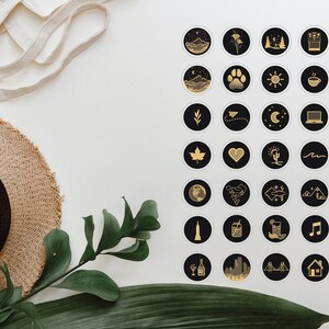 May include: A set of 36 gold and black round social media highlight icons. The icons feature various designs, including mountains, a paw print, a sun, a coffee cup, a cactus, a plane, a globe, a music note, a dumbbell, a wine glass, a city skyline, and a house.