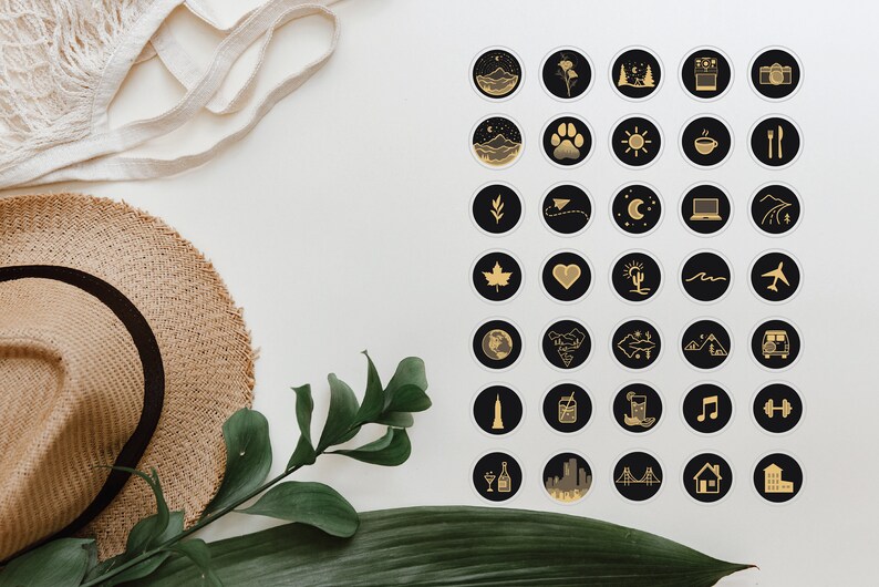 May include: A set of 36 gold and black round social media highlight icons. The icons feature various designs, including mountains, a paw print, a sun, a coffee cup, a cactus, a plane, a globe, a music note, a dumbbell, a wine glass, a city skyline, and a house.