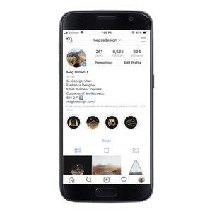 May include: Instagram profile for Meg Brown, a freelance designer in St. George, Utah. The profile features a photo of Meg, a black and gold logo, and a grid of images. The profile text includes the words "megssdesign.com", "@wildtreeco", and "SHOP".