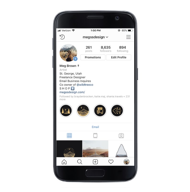 May include: Instagram profile for Meg Brown, a freelance designer in St. George, Utah. The profile features a photo of Meg, a black and gold logo, and a grid of images. The profile text includes the words "megssdesign.com", "@wildtreeco", and "SHOP".