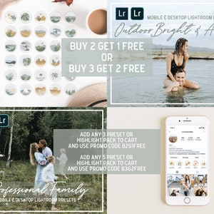 May include: A set of 24 Lightroom presets for mobile and desktop, featuring a light and airy aesthetic. The presets are designed to enhance outdoor photos, with a focus on bright colors and a natural look. The image also includes a promotional offer: buy 2 presets, get 1 free, or buy 3 presets, get 2 free.