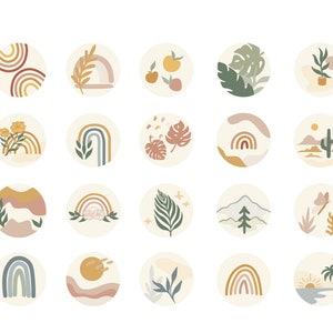 Op de afbeelding: Set van 24 kleurrijke Instagram story highlight covers met verschillende natuur-geïnspireerde ontwerpen, waaronder regenbogen, bladeren, bergen en cactussen.