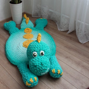 Big green dinosaur nursery rug. Hypoallergenic carpet for baby room. Dino lovers party decor image 1