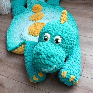 Big green dinosaur nursery rug. Hypoallergenic carpet for baby room. Dino lovers party decor image 3