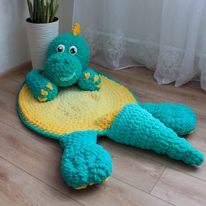 Big green dinosaur nursery rug. Hypoallergenic carpet for baby room. Dino lovers party decor image 2