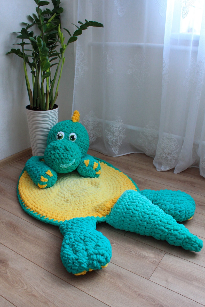 Big green dinosaur nursery rug. Hypoallergenic carpet for baby room. Dino lovers party decor image 2