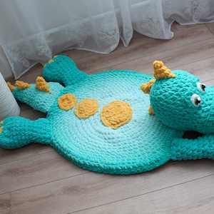 Big green dinosaur nursery rug. Hypoallergenic carpet for baby room. Dino lovers party decor image 6