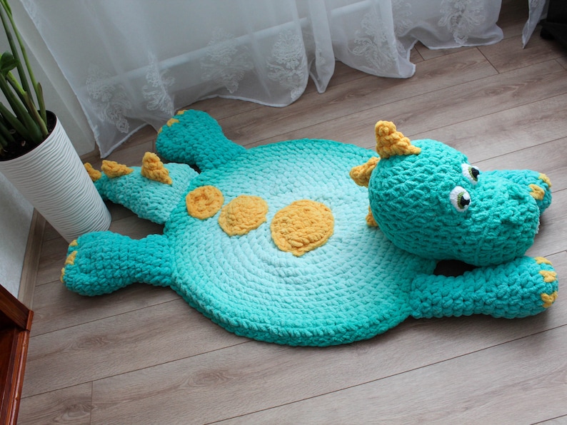 Big green dinosaur nursery rug. Hypoallergenic carpet for baby room. Dino lovers party decor image 6