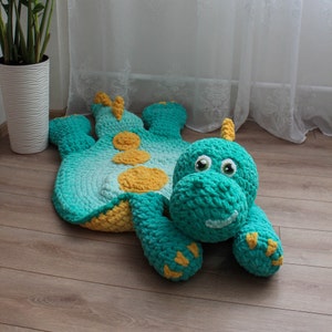 Big green dinosaur nursery rug. Hypoallergenic carpet for baby room. Dino lovers party decor image 4