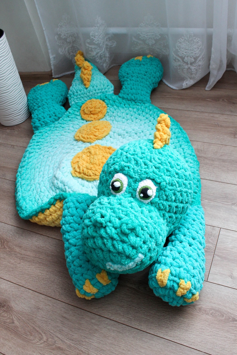 Big green dinosaur nursery rug. Hypoallergenic carpet for baby room. Dino lovers party decor image 3