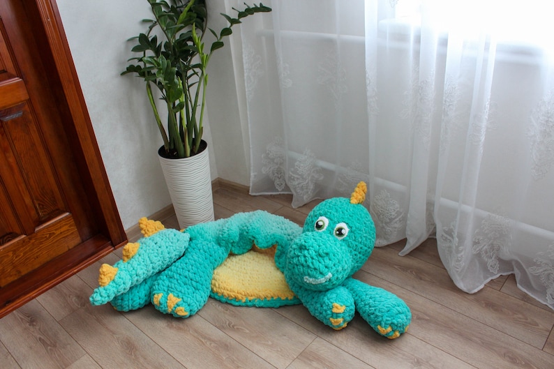 Big green dinosaur nursery rug. Hypoallergenic carpet for baby room. Dino lovers party decor image 10