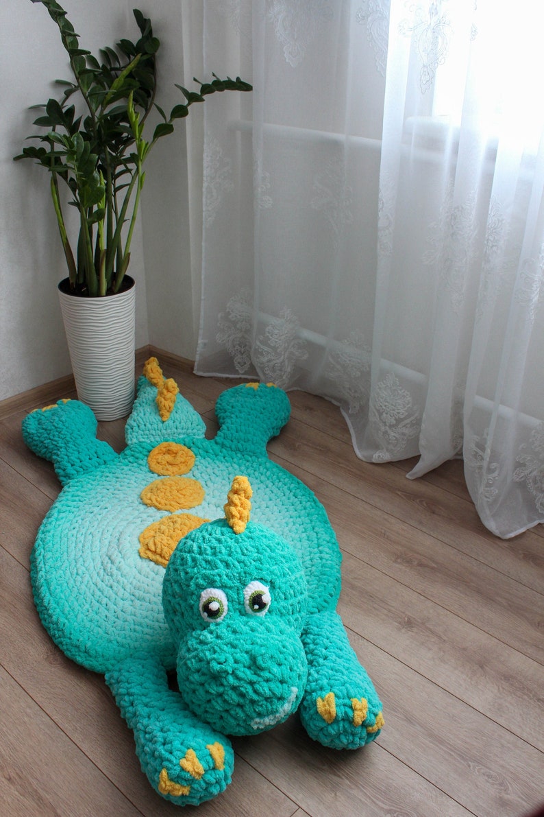 Big green dinosaur nursery rug. Hypoallergenic carpet for baby room. Dino lovers party decor image 1