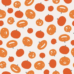 Puede incluir: Un patrón sin costuras con calabazas naranjas con diferentes expresiones faciales sobre un fondo blanco. Las calabazas son de diferentes tamaños y orientaciones.