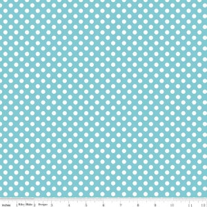 Small Dot Aqua  1/4" white polka dot pattern on a colored background by Riley Blake Designs