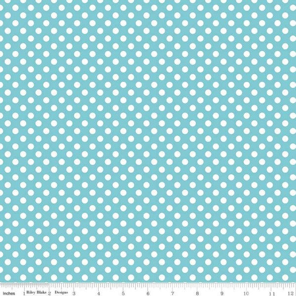 Small Dot Aqua  1/4" white polka dot pattern on a colored background by Riley Blake Designs