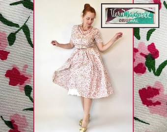 Dreamy 1950s Silk Floral Print Day Dress by Vera Maxwell, Sz M