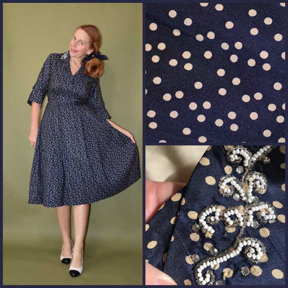 Amazing 1950s Rustly Silk Polka-Dot Day Dress by … - image 2