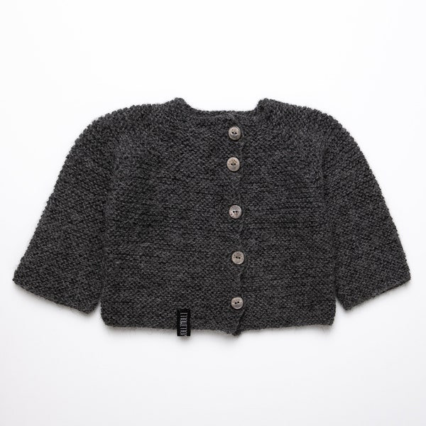 Dark grey alpaca wool cardigan for baby boy, Infant girl cardigan, Unisex sweater for toddler, Gender neutral newborn clothing, Scandinavian