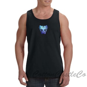 May include: A black sleeveless shirt with a blue and purple galaxy-themed Iron Man arc reactor design on the front.