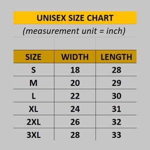 以下が含まれることがあります： ユニセックスのサイズチャート。S、M、L、XL、2XL、3XLのサイズに対応する幅と長さの寸法がインチで表示されています。