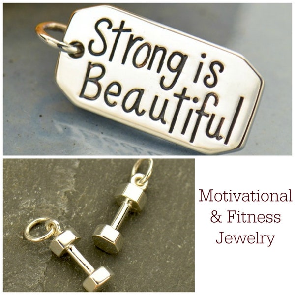 Strong is Beautiful Charm, Dumbbell Charm, Fitness Jewelry, Motivational Charm, Sterling Silver Word Tags, Word Charms