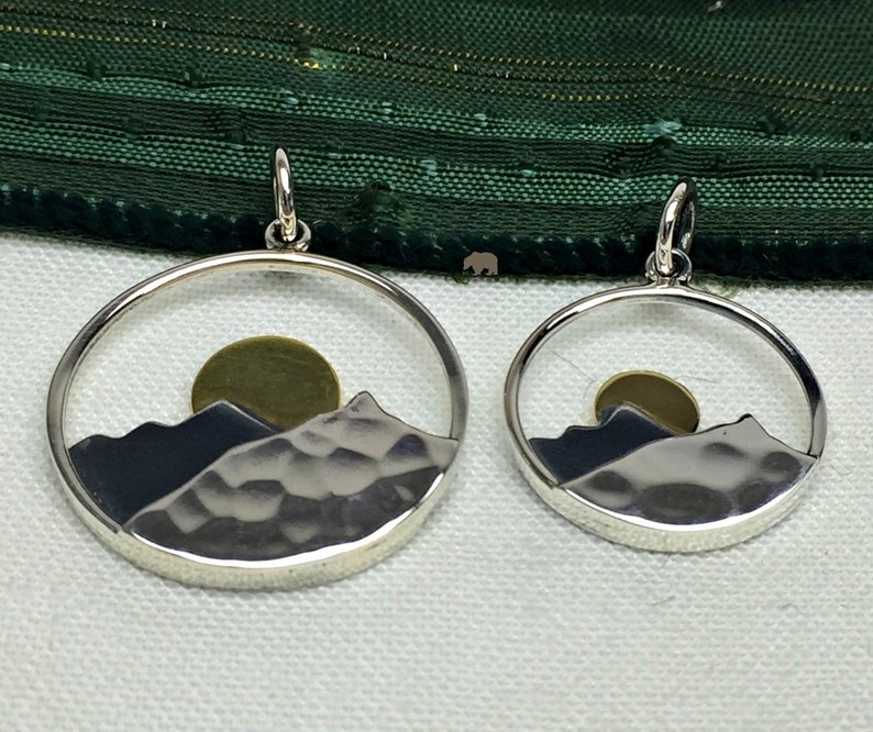 Small Charm Large Pendant Cheap Shipping Rates Sterling Silver Mountain Range Pendants with Bronze Sun 925 Sterling Silver