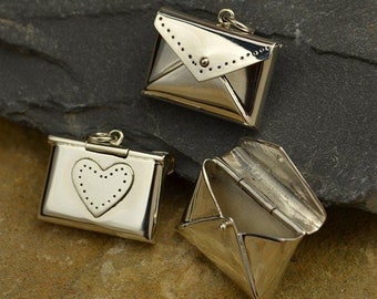 SAVE BIG -Sterling Silver Envelope Locket Pendant with Heart, Silver Stamping Blank