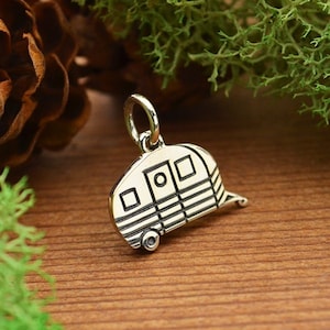 SAVE BIG  -Sterling Silver Happy Camper Charm - Travel, Jewelry Supplies, Adventure, Outdoors, Camping Trailer, Retro