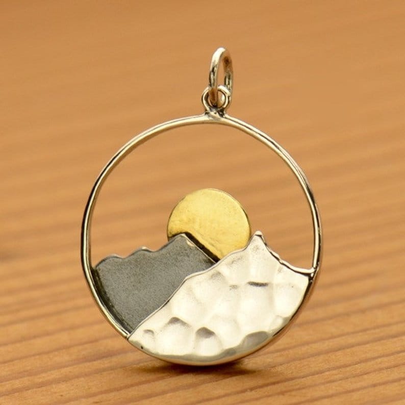 Small Charm Large Pendant Cheap Shipping Rates Sterling Silver Mountain Range Pendants with Bronze Sun 925 Sterling Silver