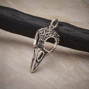 SAVE BIG -Silver Raven Skull Charm with Scroll Carving, Bird Skull Pendant, Skull Charm, Raven Charm