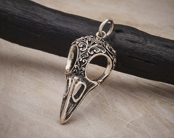 SAVE BIG -Silver Raven Skull Charm with Scroll Carving, Bird Skull Pendant, Skull Charm, Raven Charm