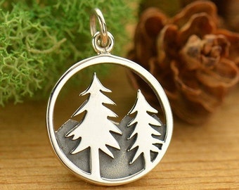 35% Off Sale No Coupon Needed Sterling Silver Tree Pendant with Mountains, Tree Charm, Mountain Charm