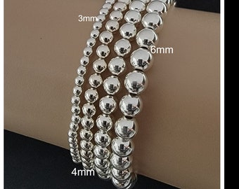 Bracelets extensibles perlés en argent sterling, 6 mm, 5 mm, 4 mm, 3 mm, bracelet de perles en argent sterling, bracelet extensible de perles d’argent