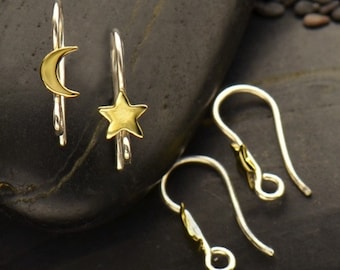 Sterling Silver Star and Moon Hook Earring with Bronze - Earring Findings, Earring Parts, Jewelry Supplies, Earring Hooks