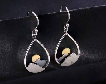 SALE - Silver Mountain Teardrop Earrings with Bronze Sun, Women's Earrings, Gift Ideas