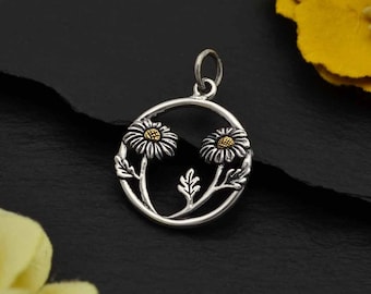 SAVE BIG -Mixed Metal Daisies in a Circle Pendant, S6649